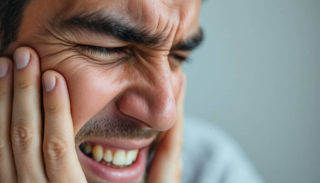 hombre con expresion de dolor dental tocando su cara