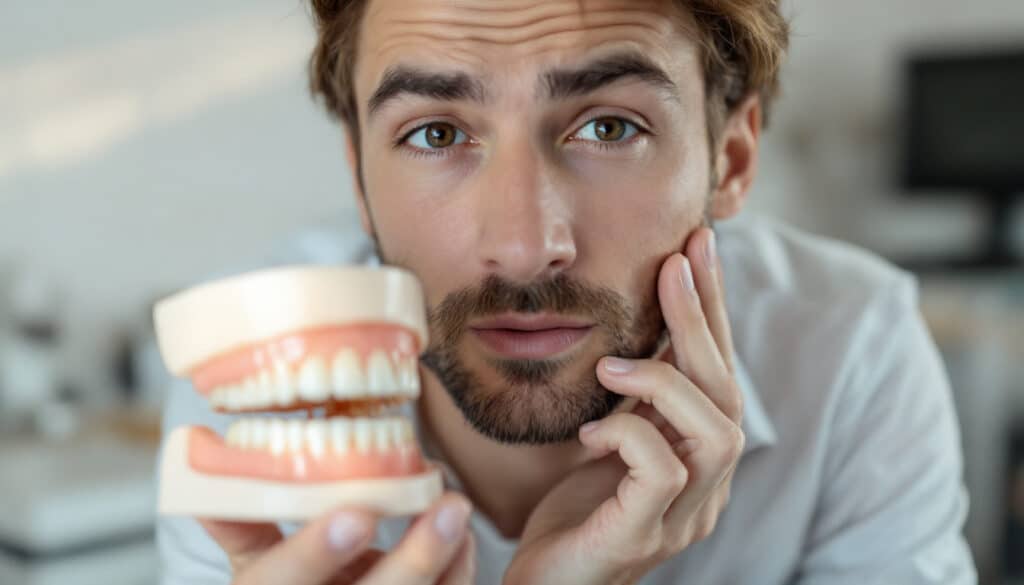 hombre mostrando modelo de dientes en consulta dental